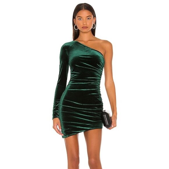 NBD Revolve Ginnie One Shoulder Velvet Mini Dress in Emerald - Picture 1 of 7
